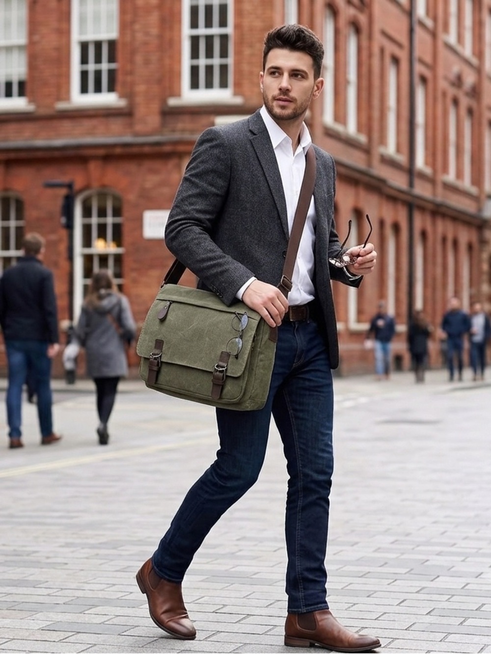 Olive Green Canvas Messenger Bag with Brown Trim